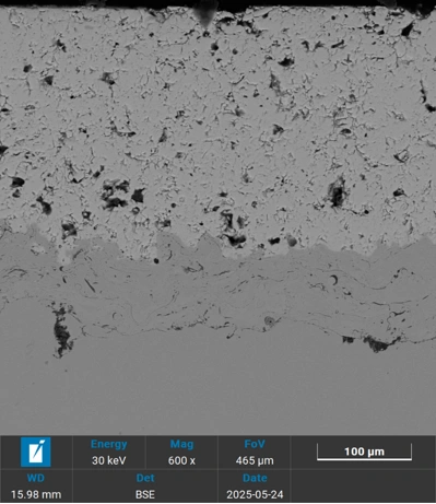 Microscopic cross-section of a GAWA HOSP coating from the company presentation, with a 100 micrometre scale bar